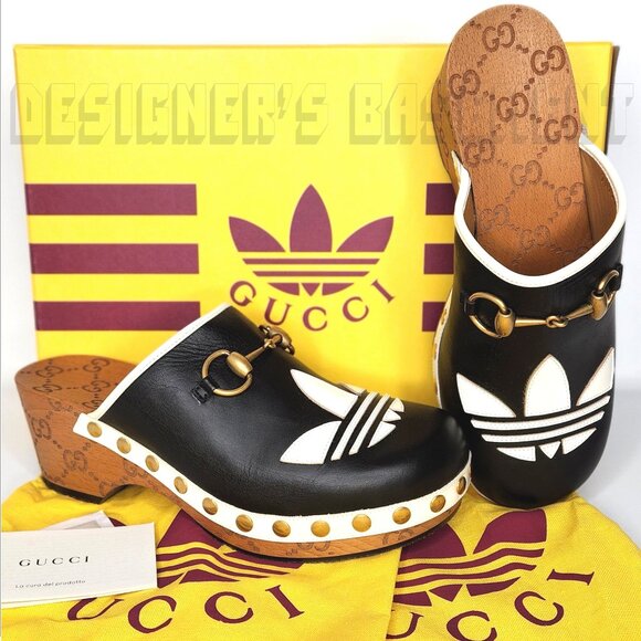 GUCCI x Adidas 36.5EU - 6.5US black Leather Trefoil logo GG platform Clogs shoes - Picture 3 of 12